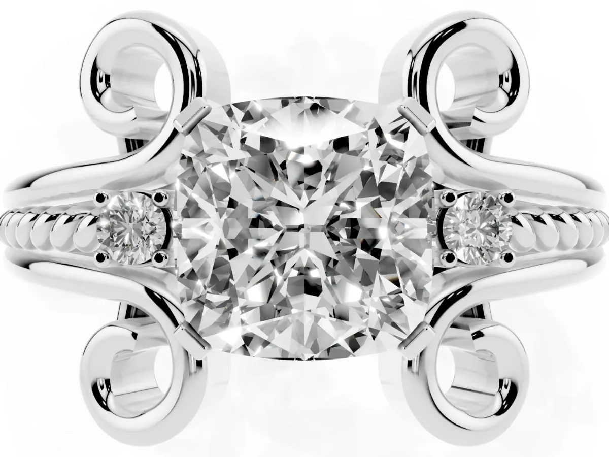 Cushion Cut Solitaire Twisted Band Scroll Prong Ring Silver