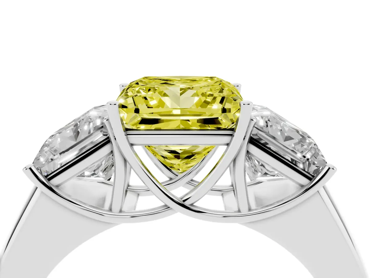 Fancy Yellow Three-Stone Princess Cut Cut Diamond Ring with Prong Setting and Classic Band Silver