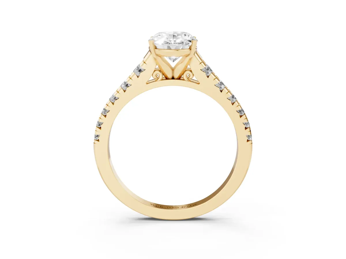 Oval Cut Diamond Cathedral Solitaire Ring with Round Pavé Band Yellow gold