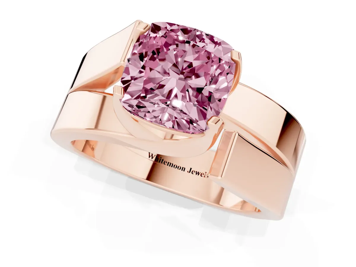 Fancy Pink Modern Tension Set Cushion Cut Diamond Solitaire Wide Band Ring Rose gold