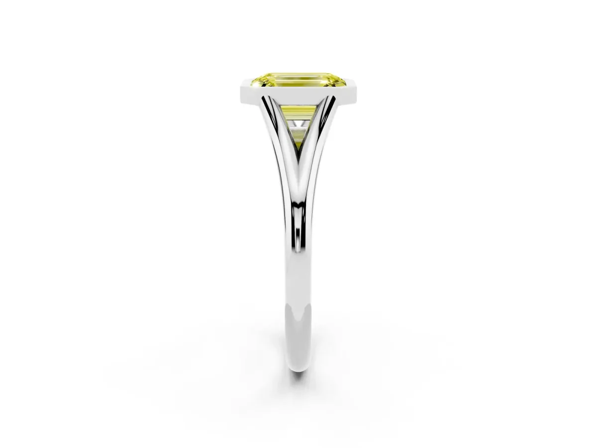 Fancy Yellow Bezel Set Emerald Cut Cut Solitaire Ring with Tapered Band Platinum