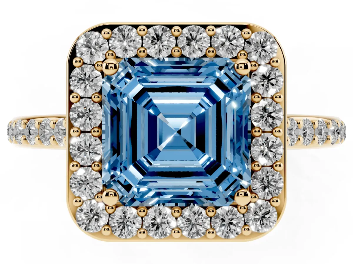 Fancy Blue Asscher Cut Diamond Halo Engagement Ring with Round Pavé Shoulders and Prong Setting Yellow gold