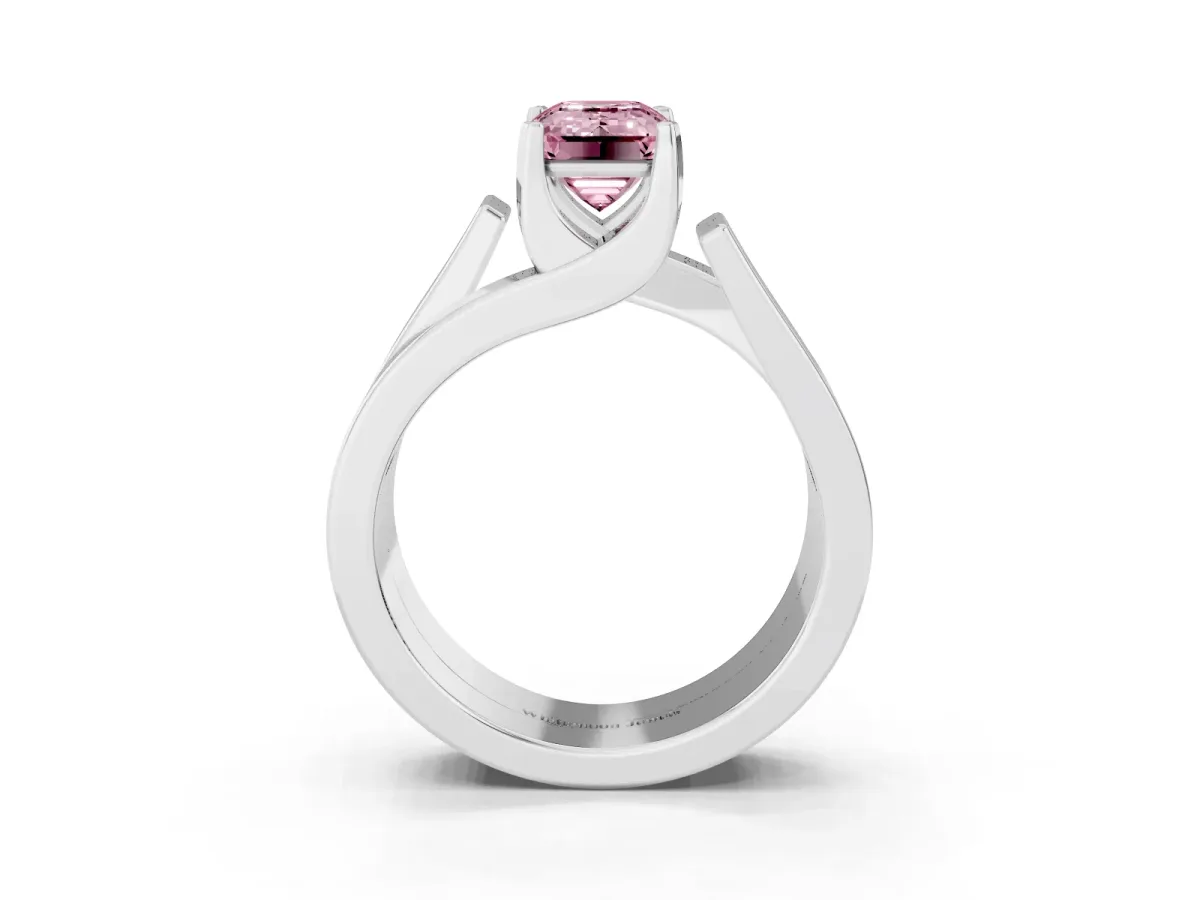 Fancy Pink Modern Tension Set Emerald Cut Diamond Solitaire Wide Band Ring Silver