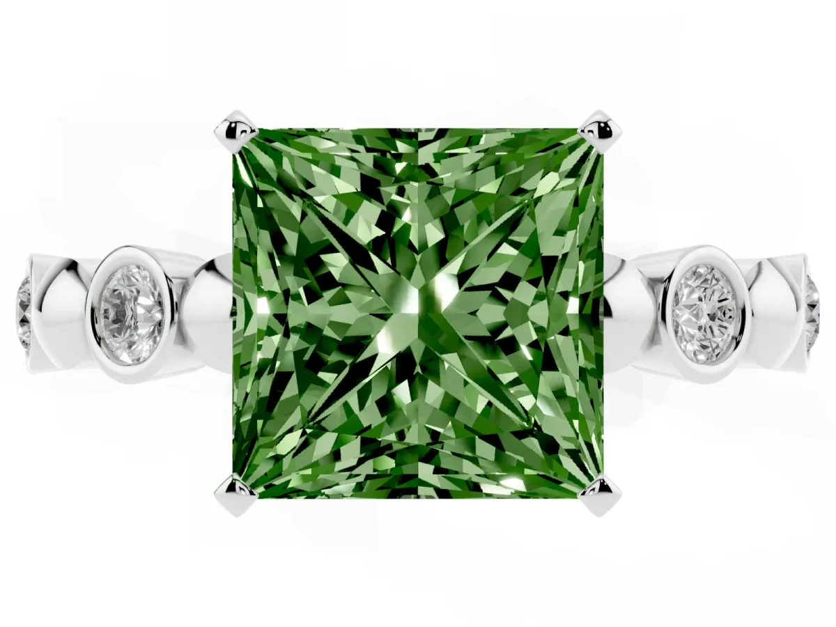 Fancy Green Princess Cut Solitaire Bezel-Set Diamond Ring with Beaded Band and Four-Prong Setting Silver