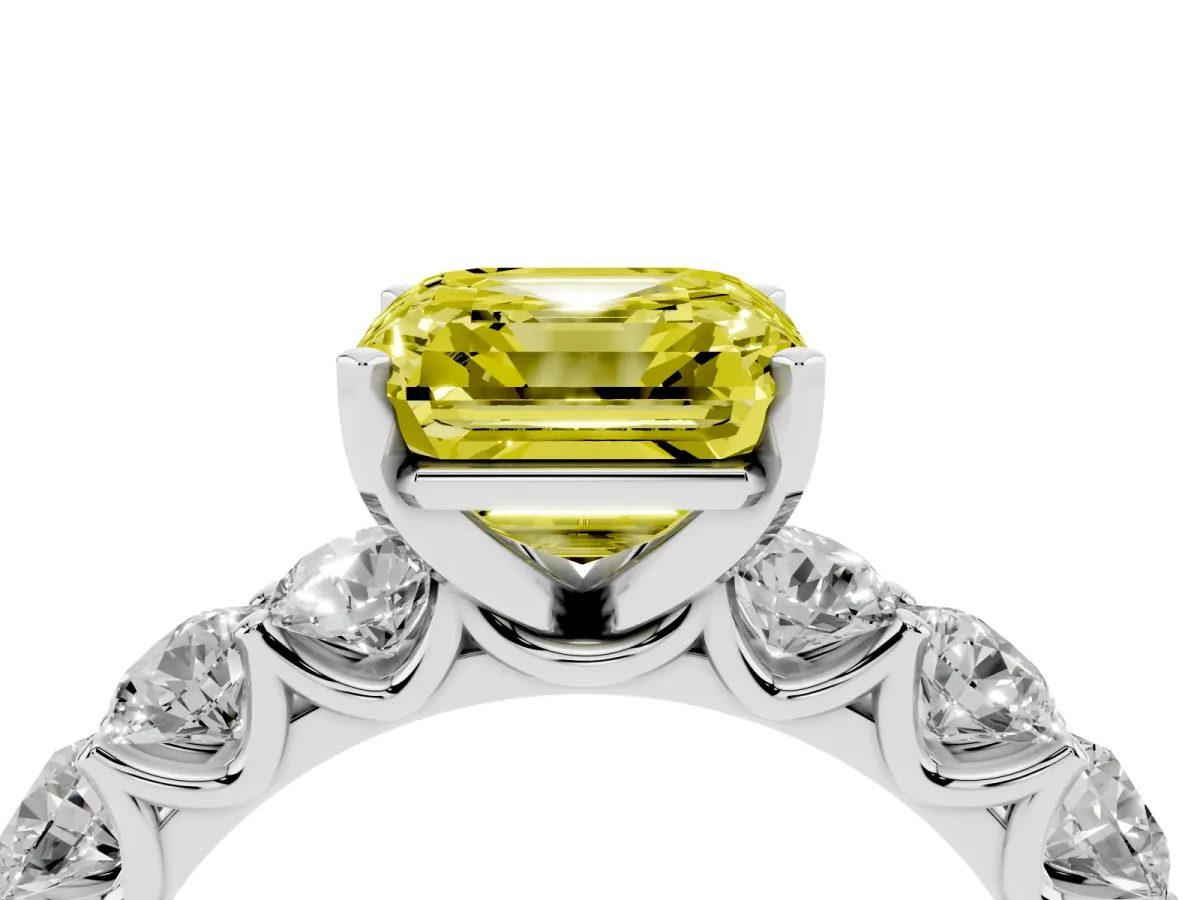 Fancy Yellow Asscher Cut Diamond Prong Setting with Side Stones on a Pave Band Silver