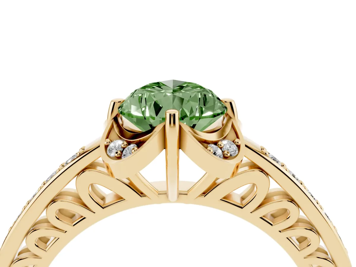 Fancy Green Pear Cut Cut Halo Diamond Ring with Channel Set Band and Four-Prong Setting Yellow gold