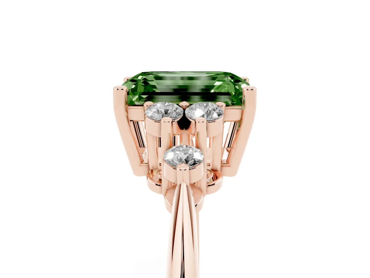 Fancy Green Emerald Cut Cut Diamond Cluster Ring with Solitaire Band and Four-Prong Setting Rose gold