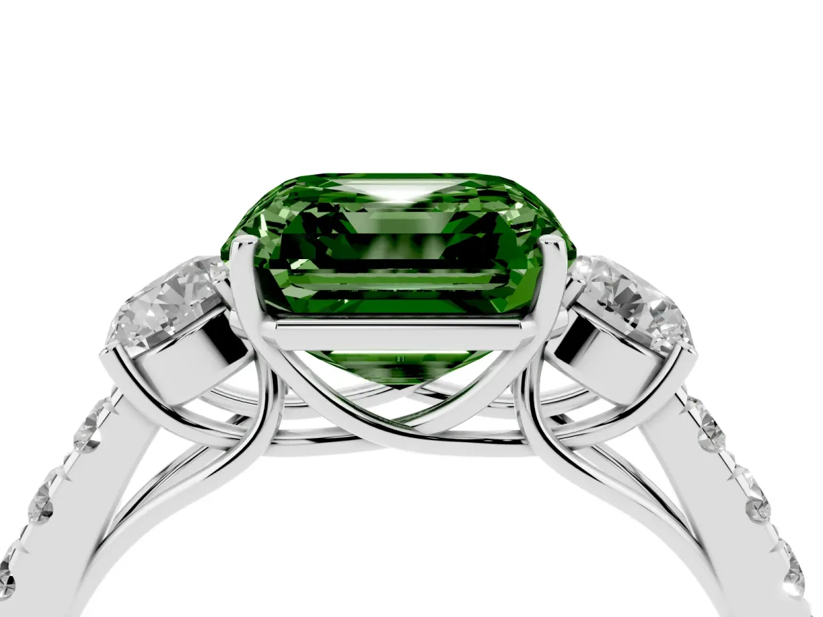 Fancy Green Asscher Cut Cut Diamond Three-Stone Ring with Round Side Stones and Pavé Band Platinum