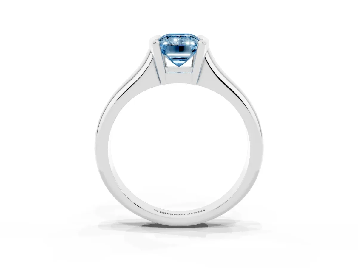 Fancy Blue Emerald Cut Solitaire Tension Set Diamond Ring with Split Shank Band Silver