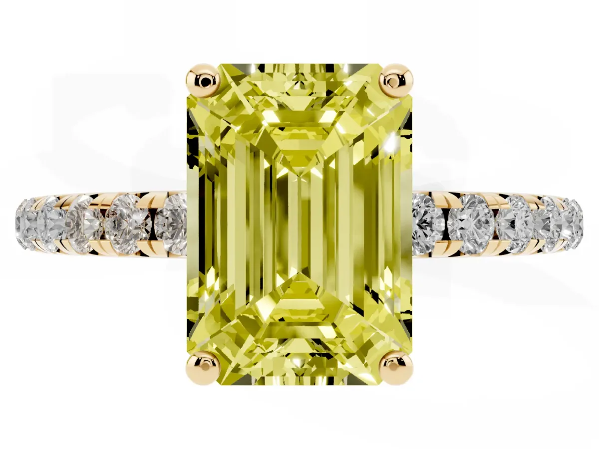 Fancy Yellow Emerald Cut Cut Diamond Solitaire Ring with Micro Pave Band and Four Prong Setting Yellow gold
