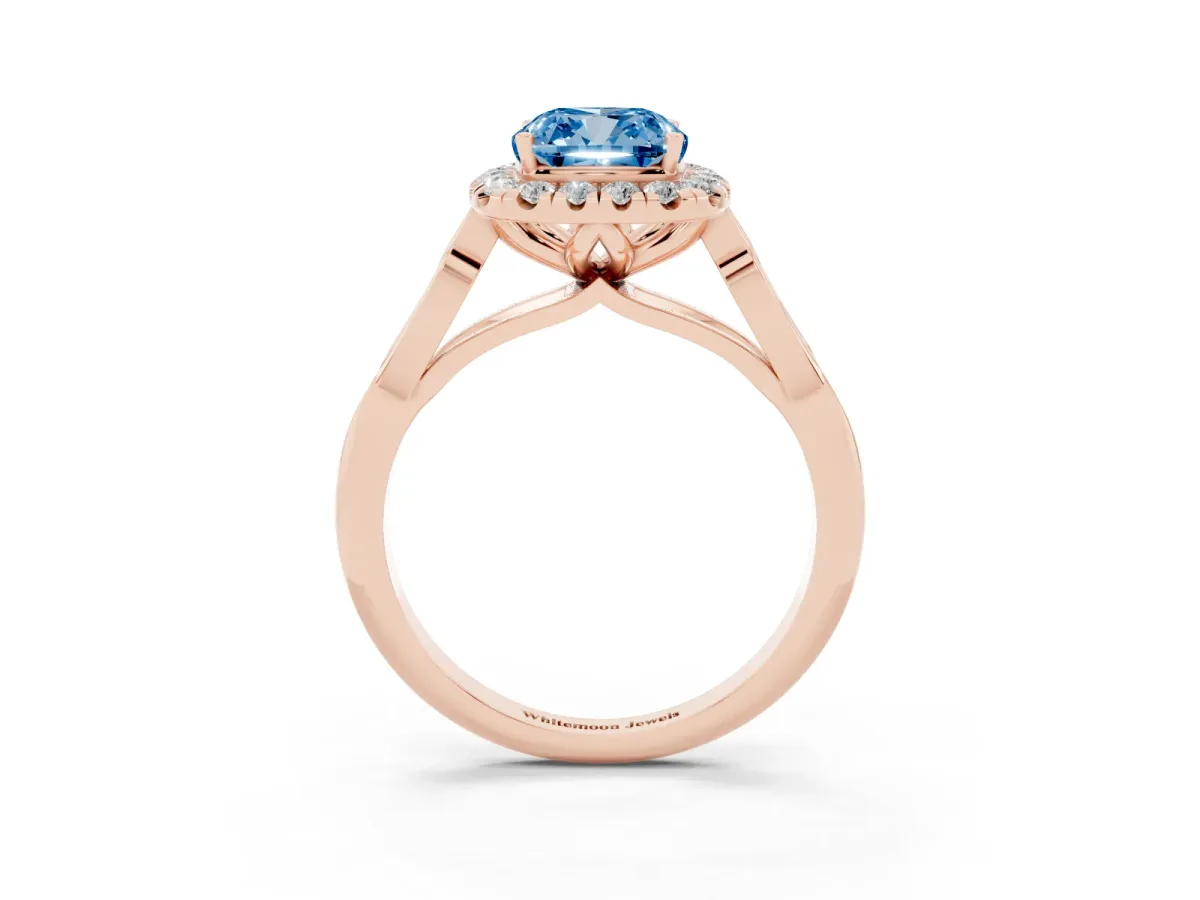 Fancy Blue Cushion Cut Halo Diamond Engagement Ring with Filigree Band and Four-Prong Setting Rose gold