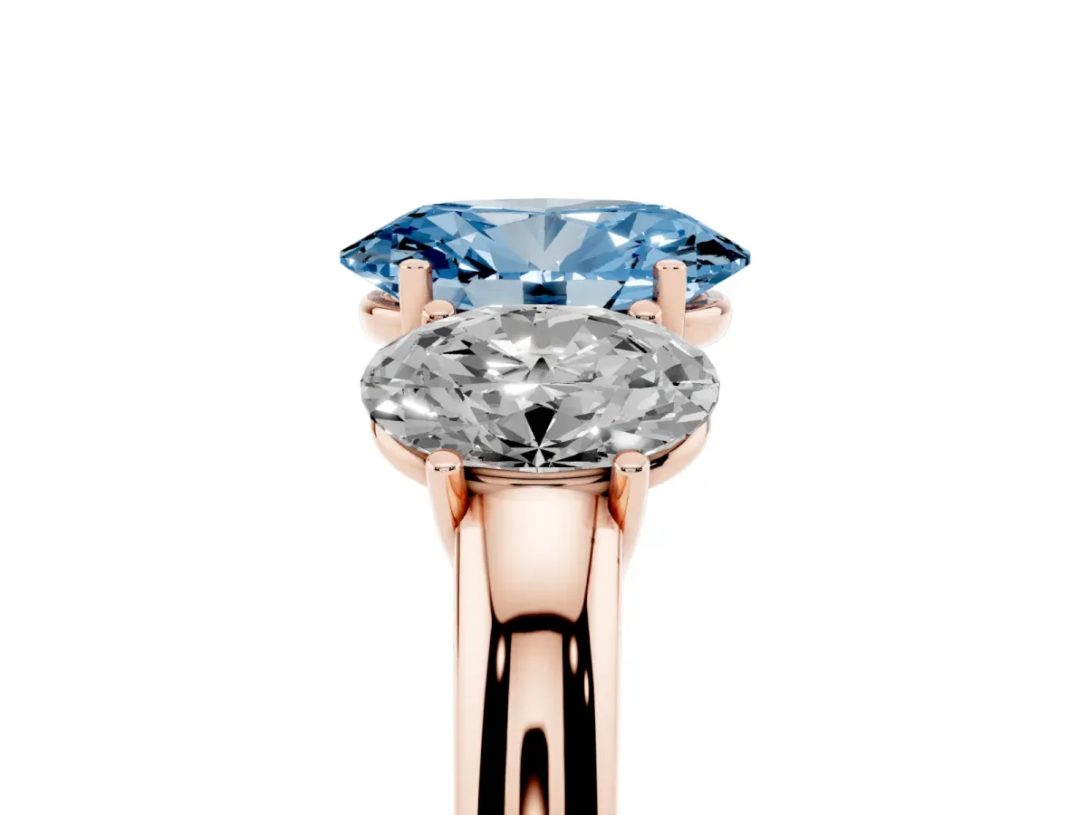 Fancy Blue Oval Cut Diamond Three-Stone Ring with Four-Prong Setting and Classic Band Rose gold