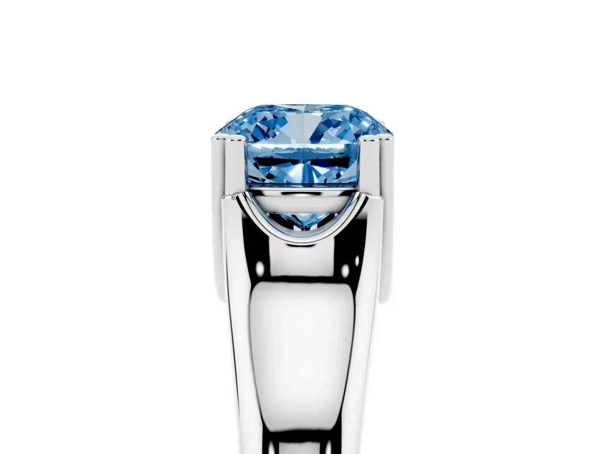 Fancy Blue Cushion Cut Diamond Solitaire Ring with Wide Band and Prong Setting Silver