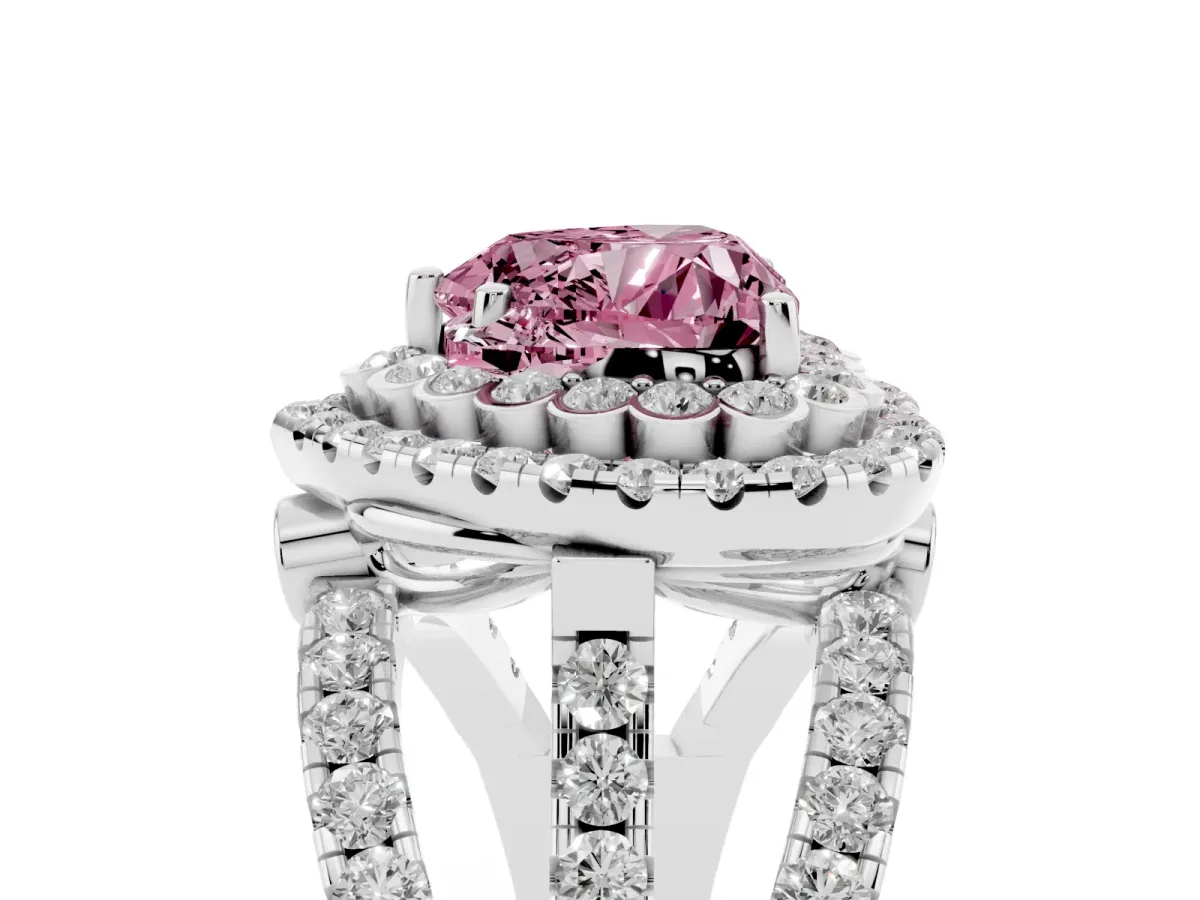 Fancy Pink Heart Cut Diamond Double Halo Ring with Round Pavé Split Shank and Prong Setting Silver