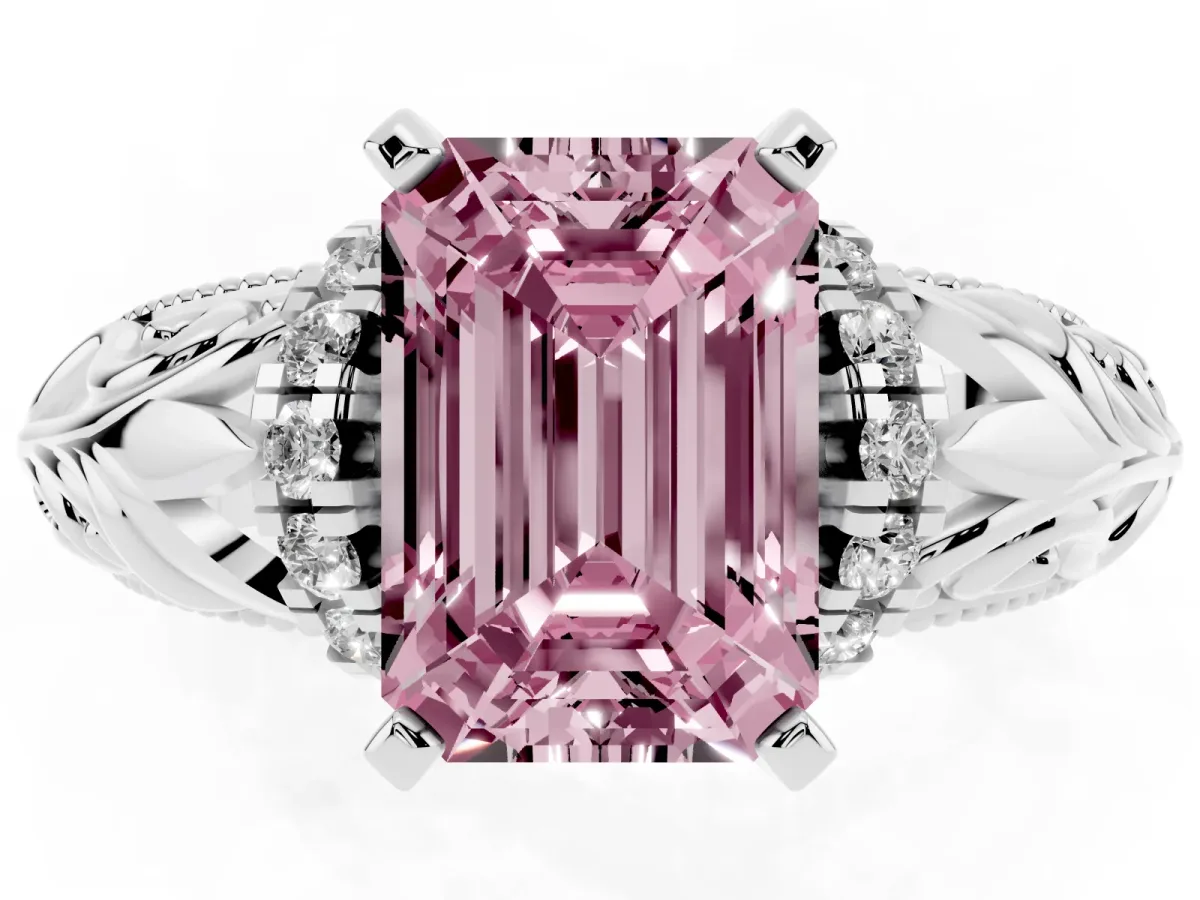 Fancy Pink Emerald Cut Solitaire Filigree Engagement Ring with Halo and Prong Setting Silver
