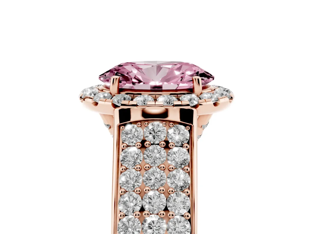 Fancy Pink Oval Cut Halo Round Diamond Pave Band with Prong Setting Rose gold