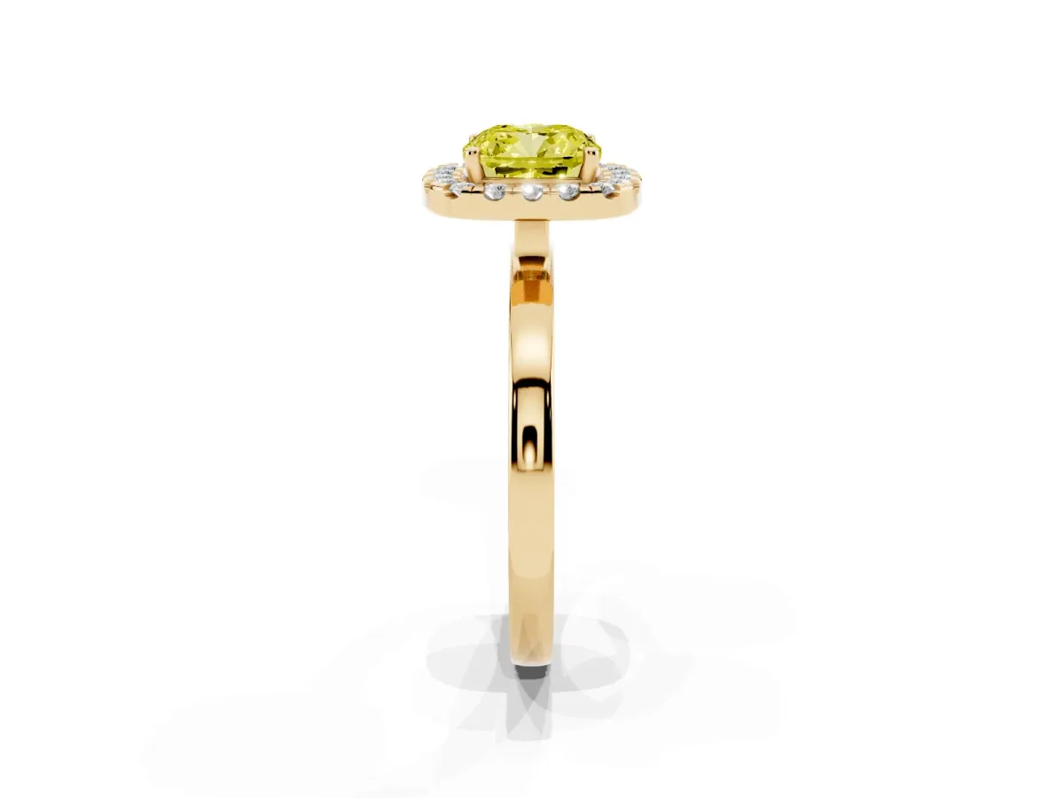 Fancy Yellow Cushion Cut Halo Diamond Solitaire with Pavé Band and Four-Prong Setting Yellow gold