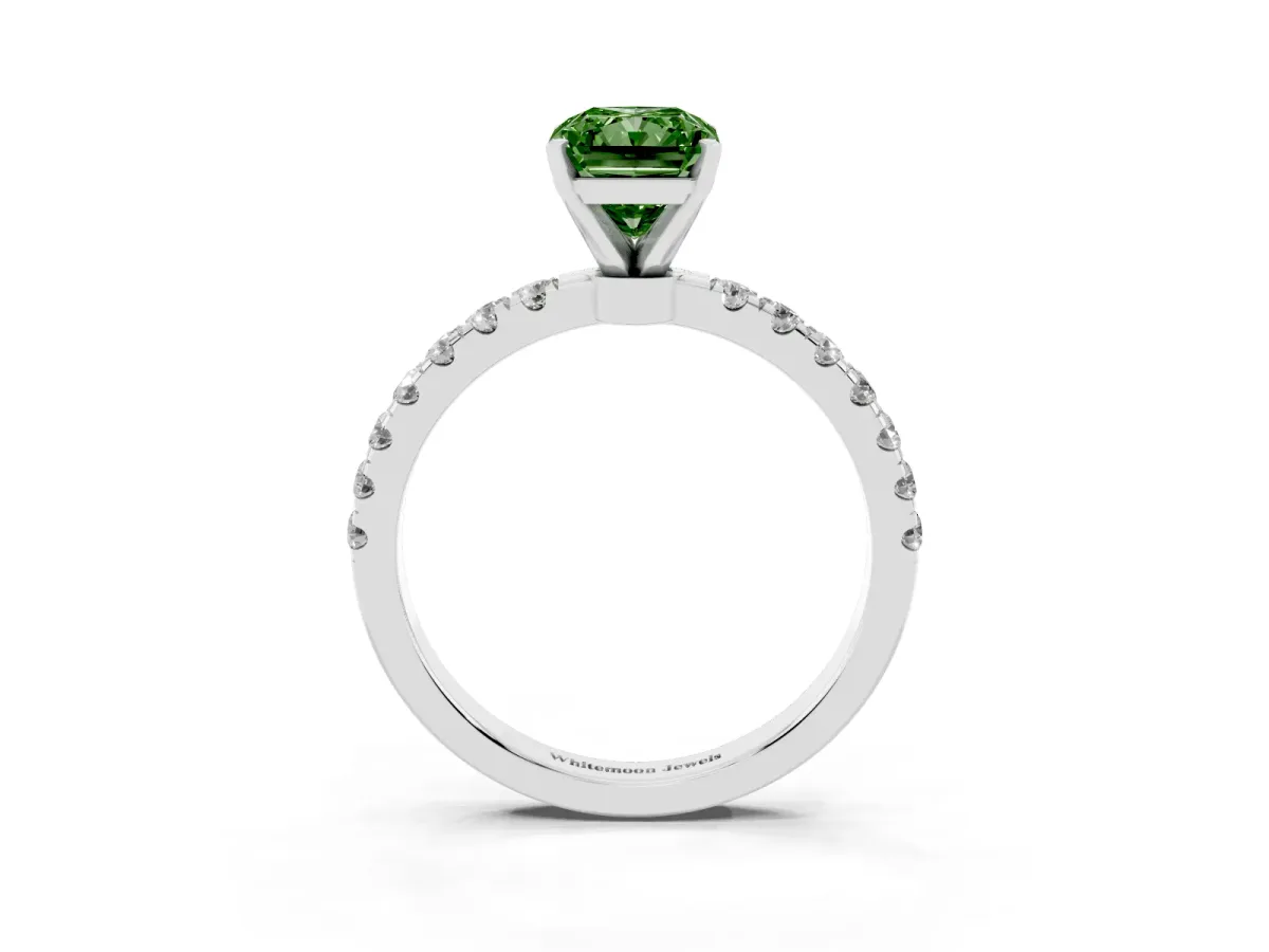 Fancy Green Radiant Cut Diamond Solitaire Ring with Pavé Accents and Four-Prong Setting Silver