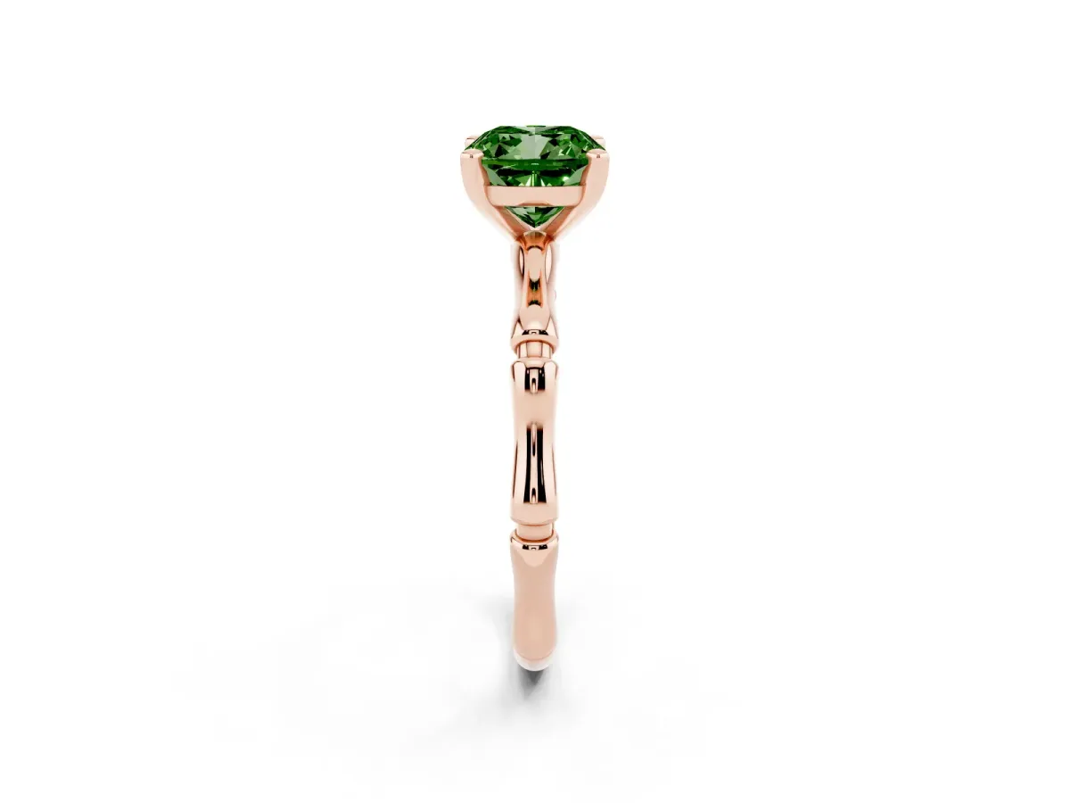 Fancy Green Cushion Cut Solitaire Diamond Ring with Bamboo Band and Four-Prong Setting Rose gold
