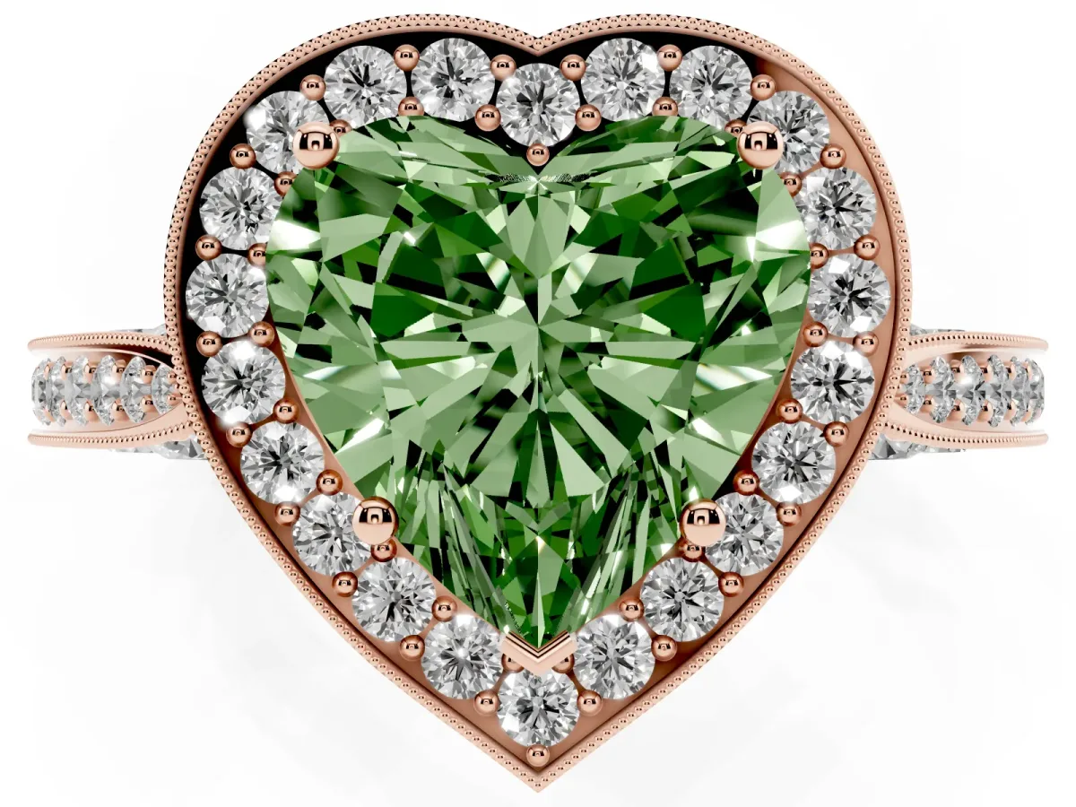 Fancy Green Heart Cut Halo Diamond Engagement Ring with Split Shank Band and Four-Prong Setting Rose gold