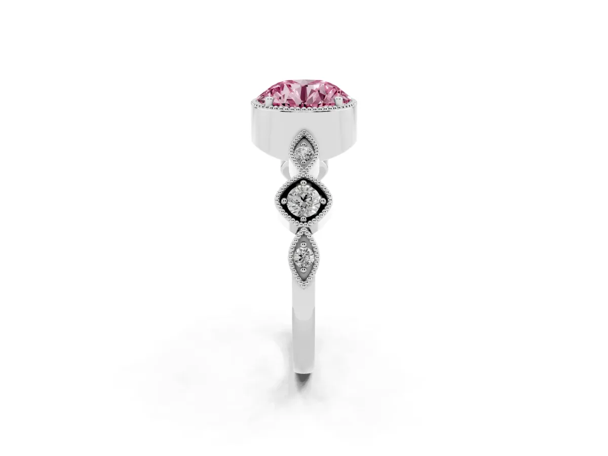 Fancy Pink Round Cut Diamond Vintage Milgrain Ring with Round Stations Silver