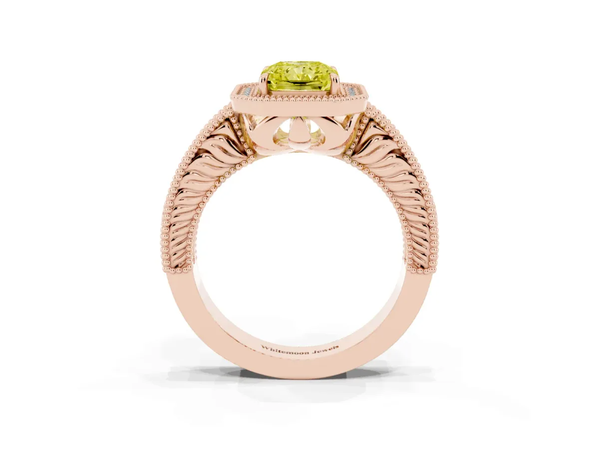 Fancy Yellow Radiant Cut Cut Halo Diamond Ring with Pavé Band and Four-Prong Setting Rose gold