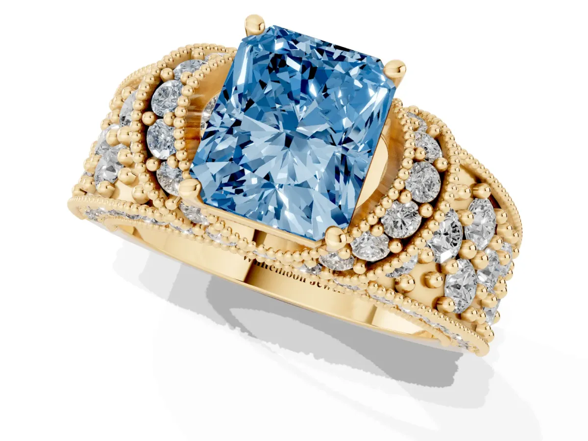 Fancy Blue Radiant Cut Halo Pave Diamond Engagement Ring with Milgrain Detailing Yellow gold
