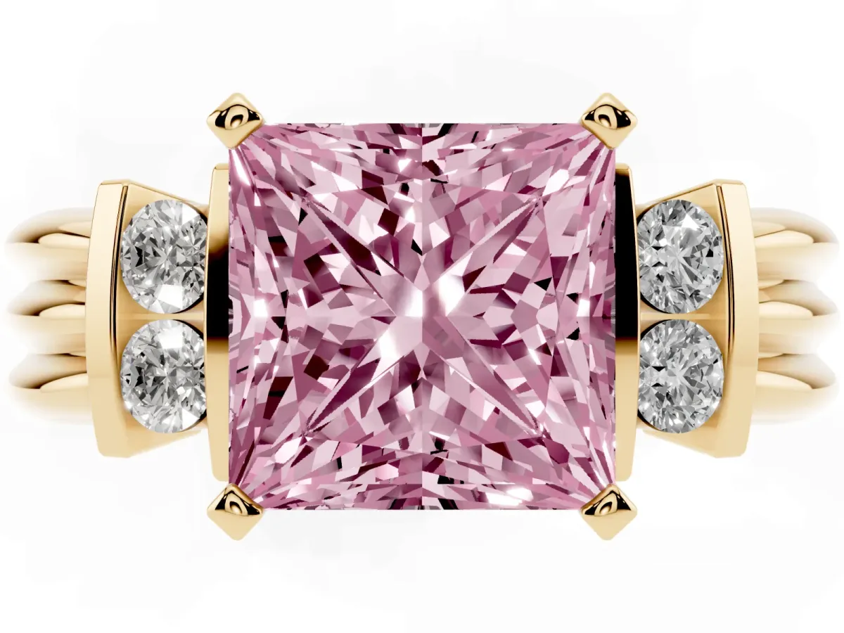 Fancy Pink Princess Cut Cut Three-Stone Channel Set Ring with Bar Prongs Yellow gold
