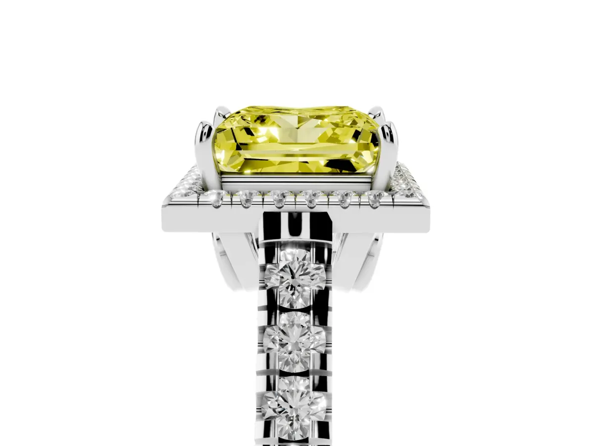 Fancy Yellow Princess Cut Halo Pavé Diamond Engagement Ring with Four-Prong Setting Platinum