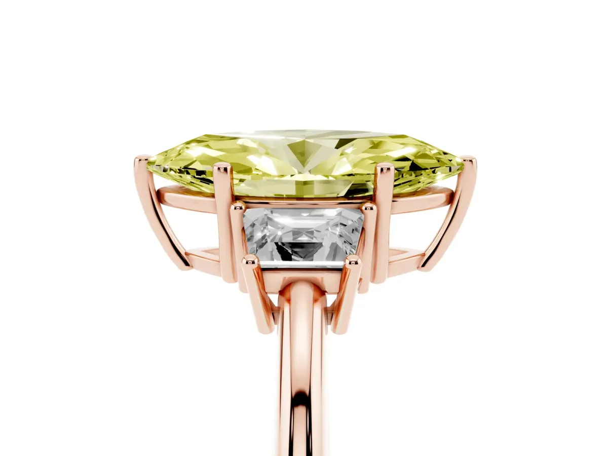 Fancy Yellow Marquise Cut Diamond Three-Stone Ring with Trapezoid Side Stones and Prong Setting Rose gold