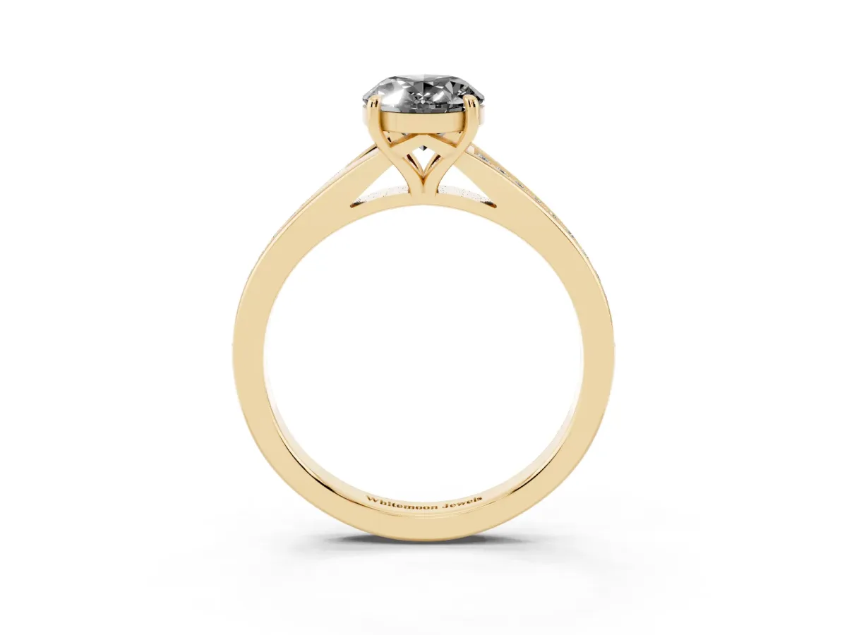 Fancy Black Oval Cut Diamond Solitaire Ring with Pavé Band and Prong Setting Yellow gold