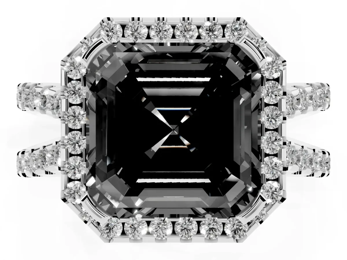 Fancy Black Asscher Cut Diamond Halo Ring with Split Shank Pavé Band and Prong Setting Silver