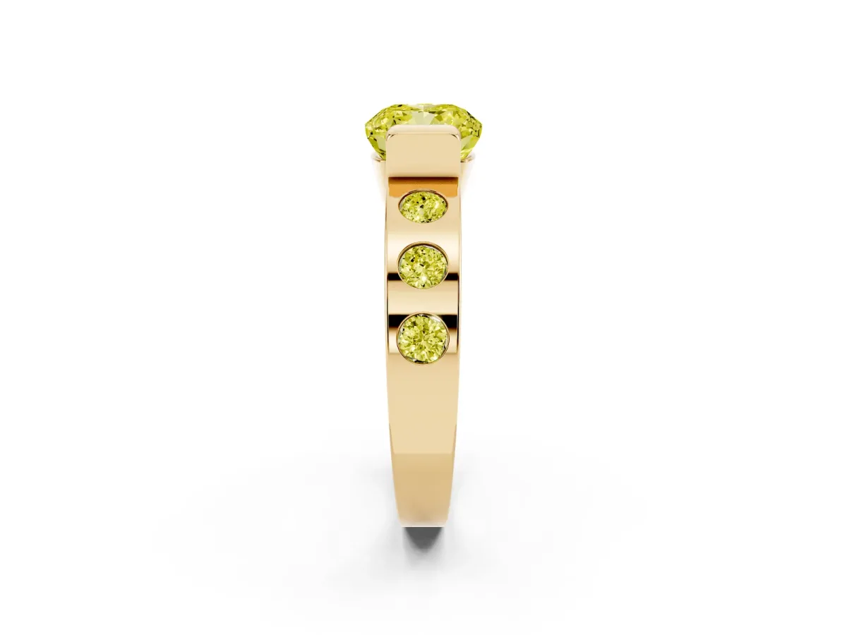 Fancy Yellow Cushion Cut Brilliant Channel-Set Diamond Ring with Bezel Prong Setting Yellow gold