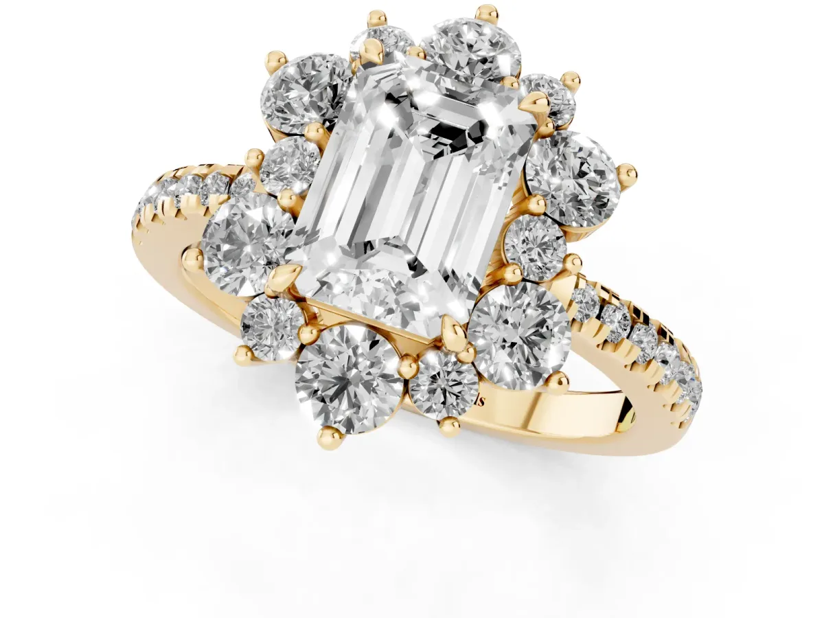 Emerald Cut Diamond Floral Halo Ring with Round Pavé Band and Prong Setting Yellow gold