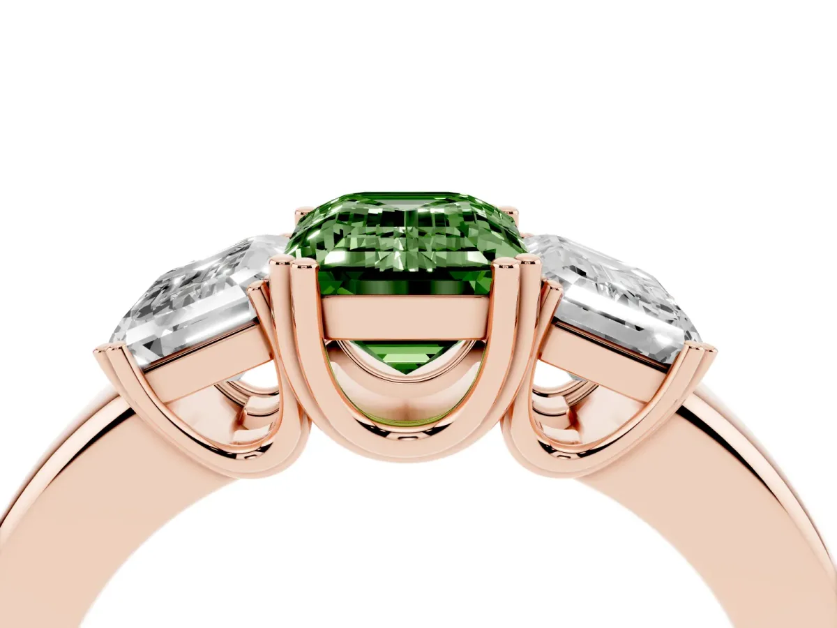 Fancy Green Three-Stone Emerald Cut Cut Diamond Ring with Channel Set Band and Four-Prong Setting Rose gold