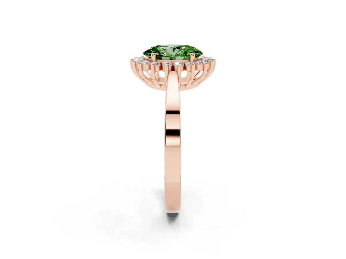 Fancy Green Oval Cut Cut Diamond Halo Ring with Round Brilliant Halo and Solitaire Band Rose gold