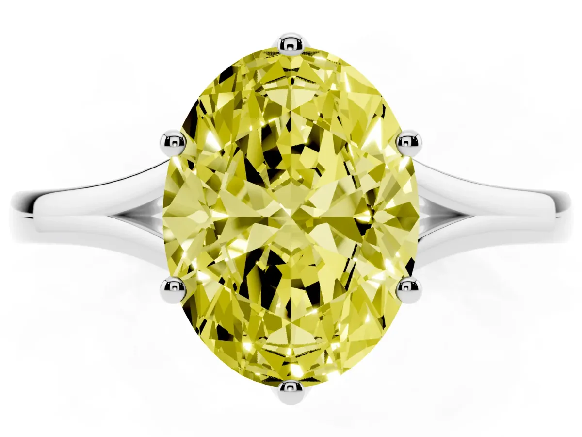 Fancy Yellow Oval Cut Solitaire Diamond Ring with Six-Prong Setting and Tapered Band Silver