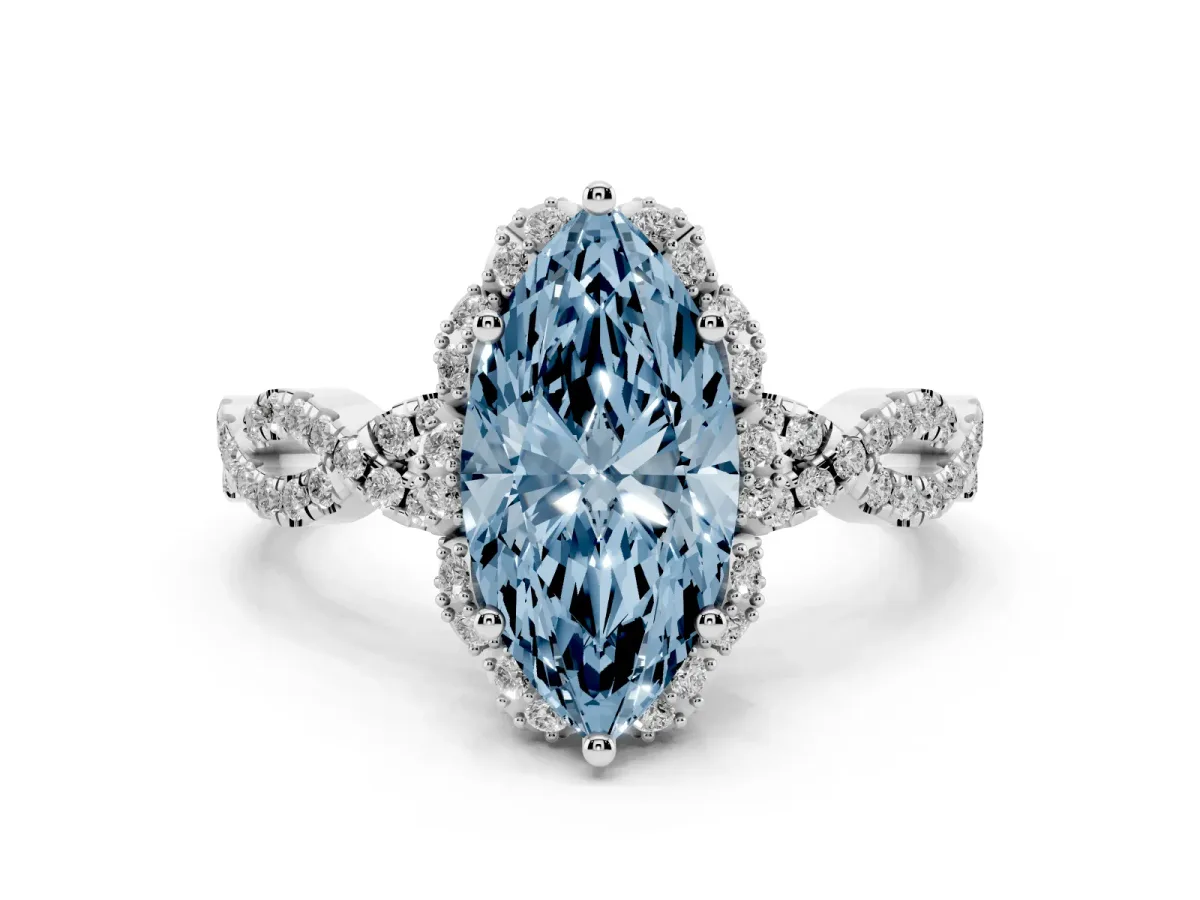 Fancy Blue Marquise Cut Halo Twist Band Solitaire Ring with Six-Prong Setting Silver