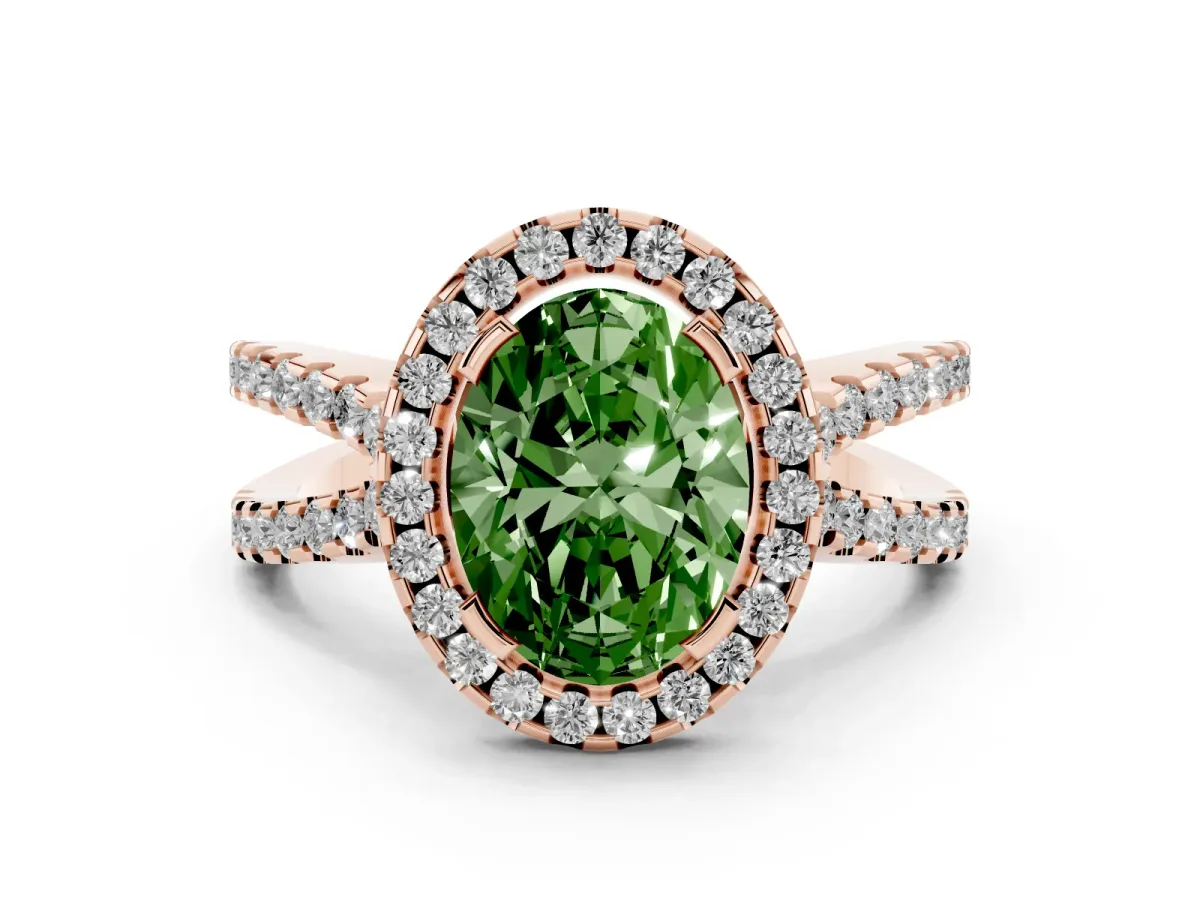Fancy Green Oval Cut Diamond Halo Ring with Split Shank Pavé Band and Prong Setting Rose gold