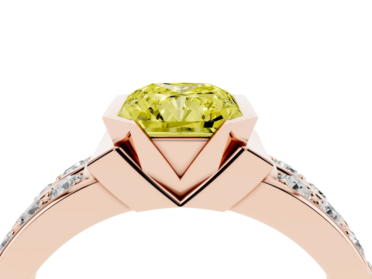 Fancy Yellow Radiant Cut Brilliant Diamond Channel Set Wide Band Ring with Bezel Setting Rose gold