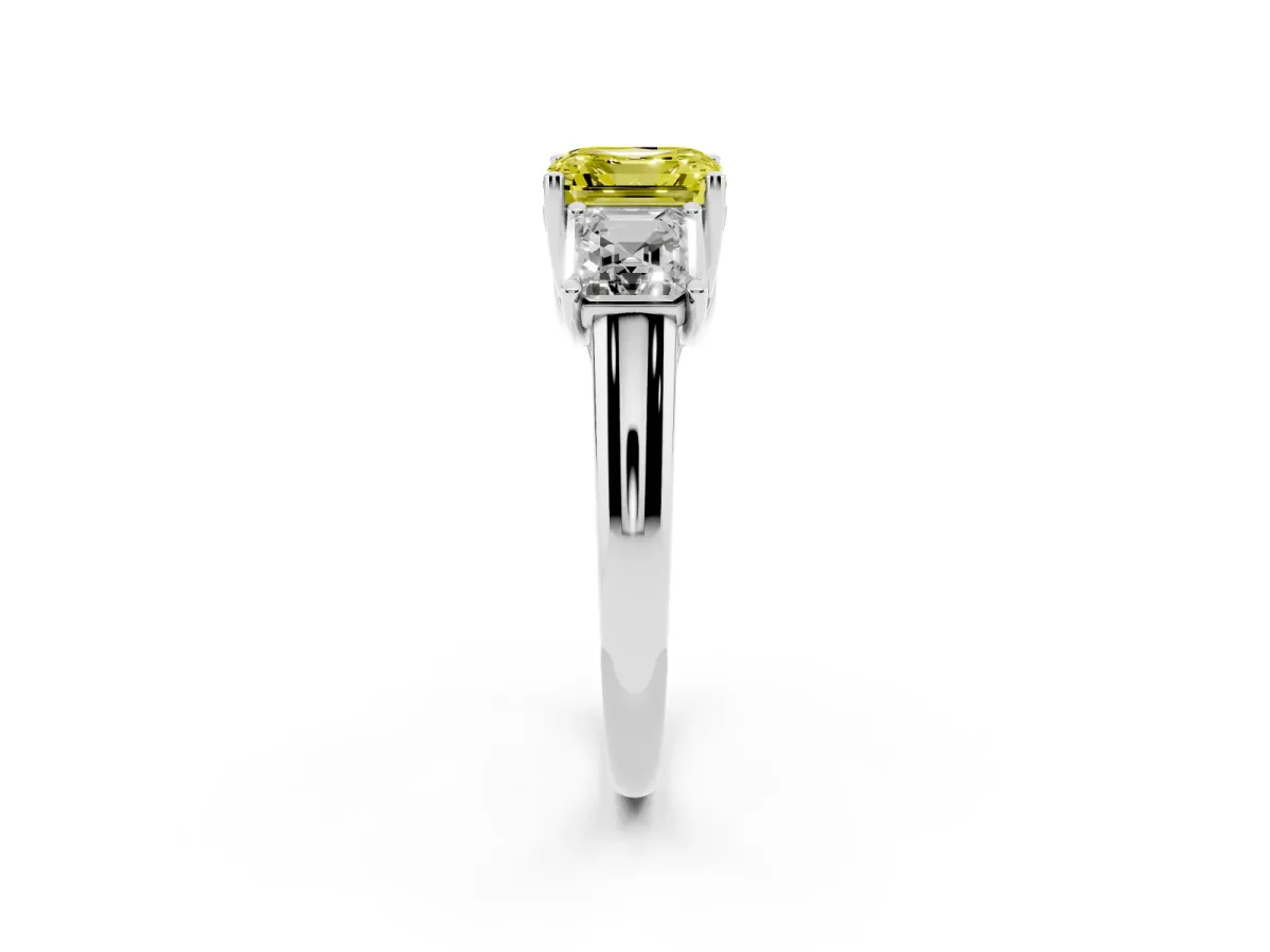 Fancy Yellow Three-Stone Asscher Cut Diamond Engagement Ring with Prong Setting Silver