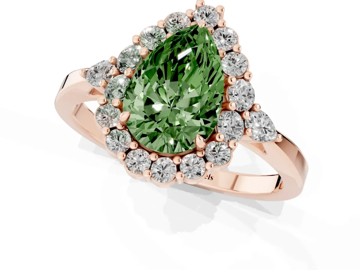 Fancy Green Pear Cut Diamond Halo Ring with Pear Side Stones and Prong Setting Rose gold