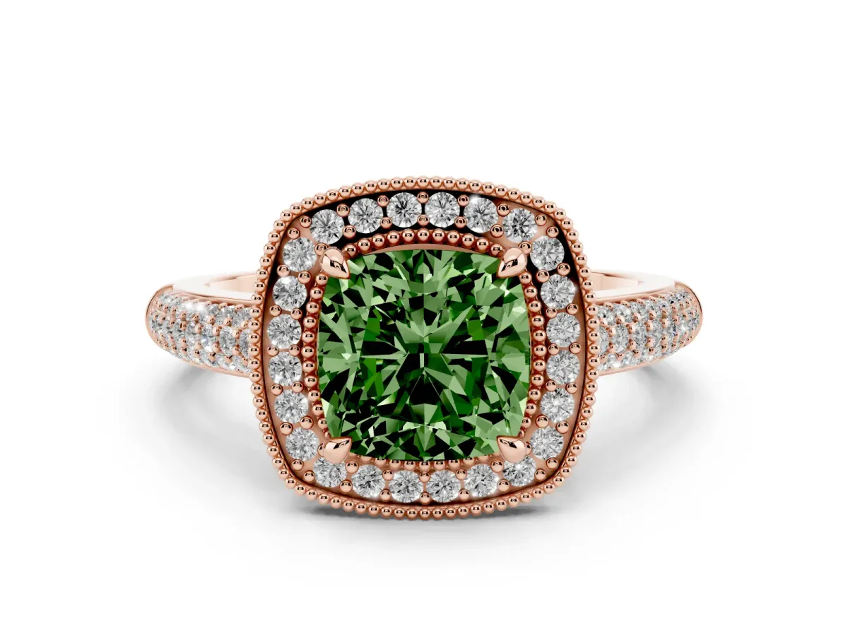 Fancy Green Cushion Cut Cut Halo Diamond Pave Band with Four-Prong Setting Rose gold