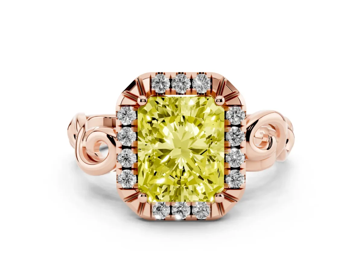 Fancy Yellow Radiant Cut Cut Halo Diamond Ring with Scrollwork Band and Four-Prong Setting Rose gold