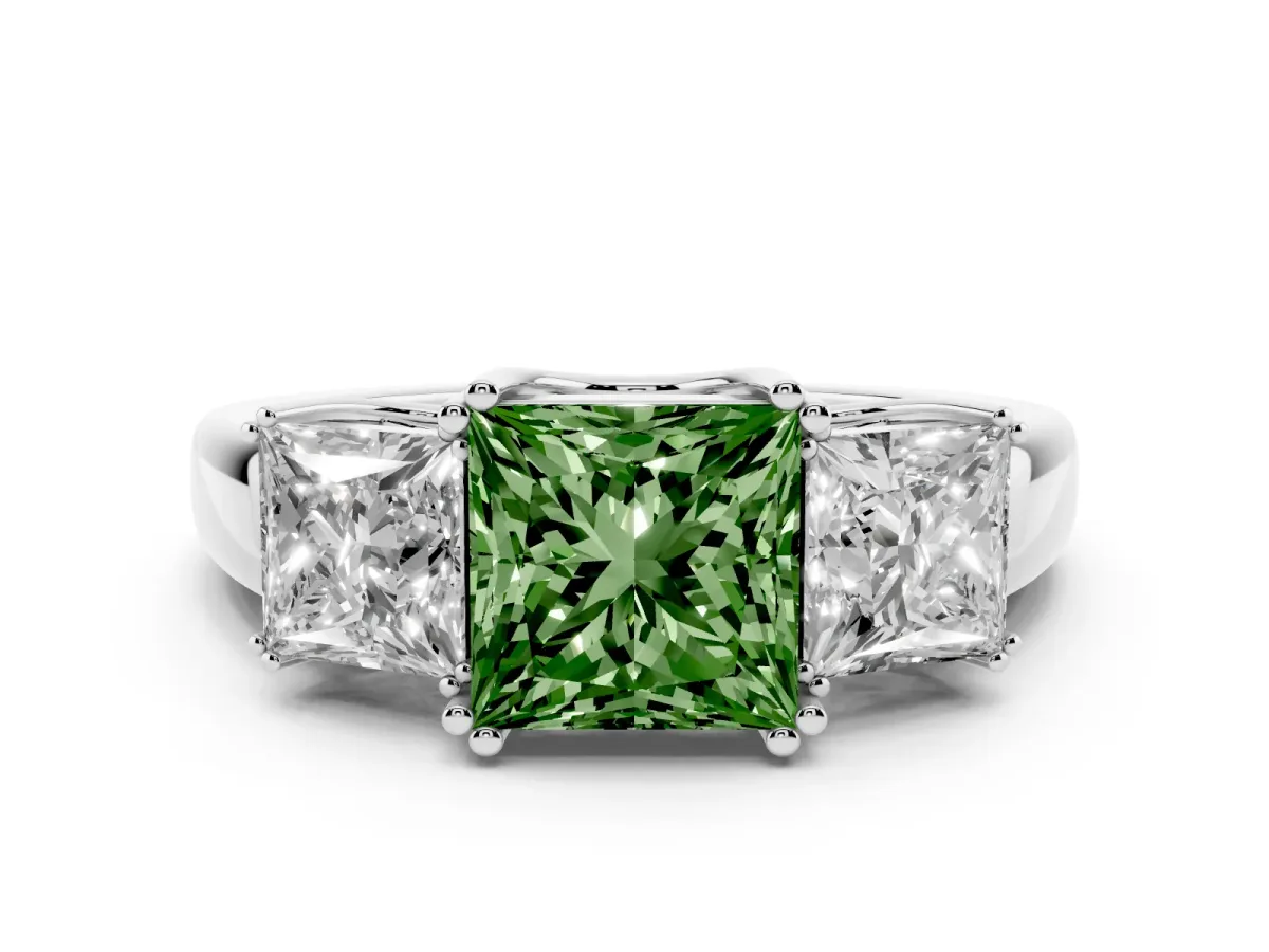 Fancy Green Three-Stone Princess Cut Cut Diamond Ring with Channel Set Band and Four-Prong Setting White gold