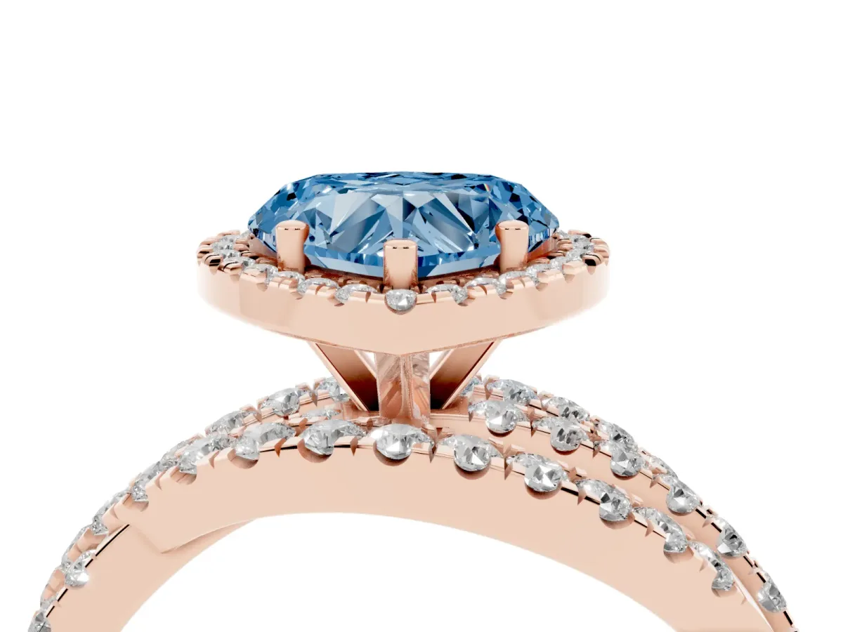 Fancy Blue Heart Cut Diamond Halo Ring with Round Split Shank and Prong Setting Rose gold