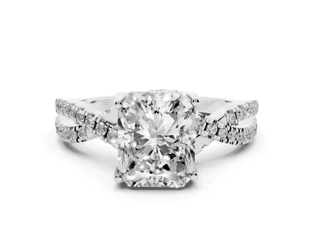 Radiant Cut Solitaire Twist Pave Diamond Engagement Ring with Prong Setting Silver