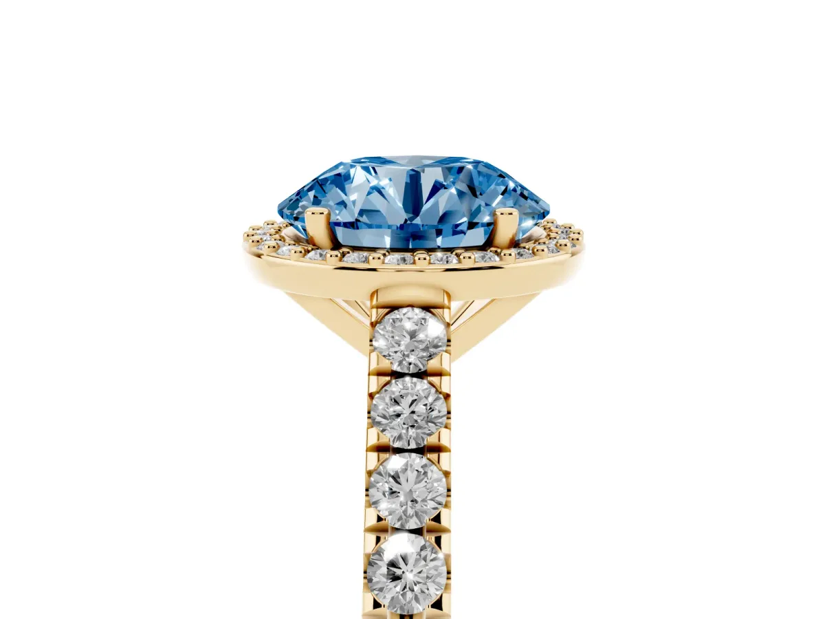 Fancy Blue Round Cut Cut Halo Diamond Engagement Ring with Pave Band and Four-Prong Setting Yellow gold