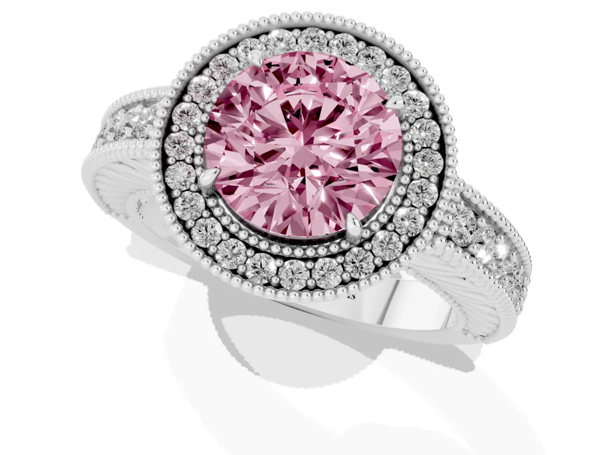 Fancy Pink Round Cut Cut Halo Diamond Ring with Pavé Band and Four-Prong Setting White gold