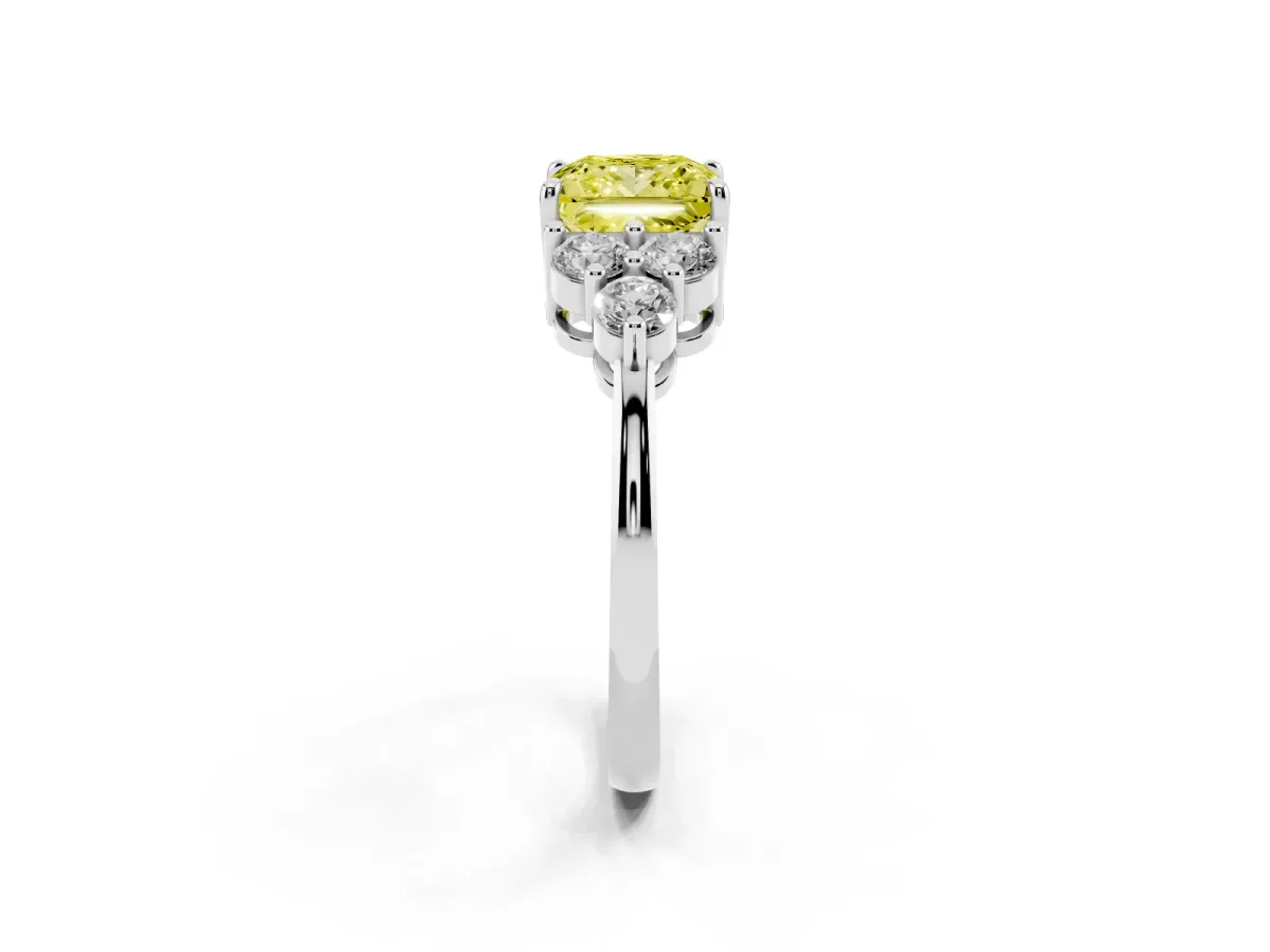 Fancy Yellow Princess Cut Brilliant Diamond Cluster Accent Solitaire Ring with Prong Setting Silver